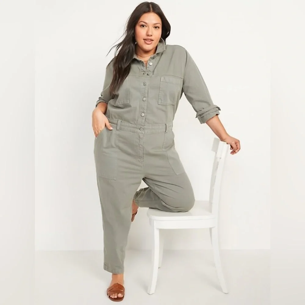 Long-Sleeve Cropped Jean Utility Jumpsuit for Women ‎ 2X